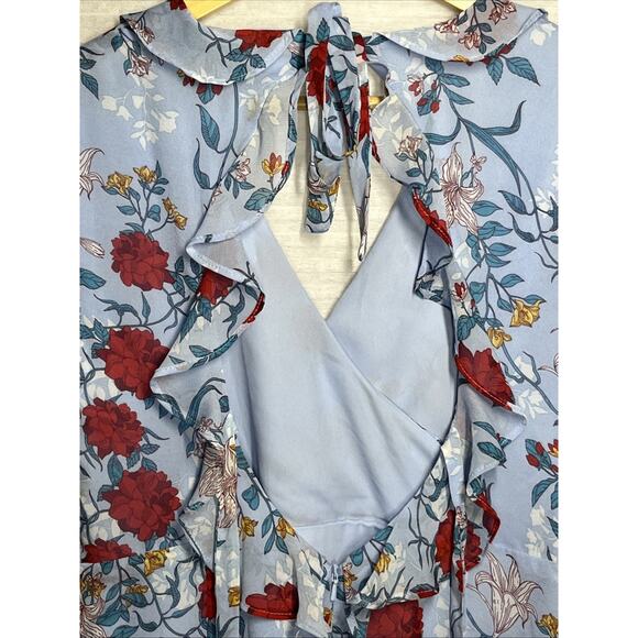 Bardot Mini Wrap Dress Size 8 Blue Red Floral Ruffle Chiffon Cut Out Back V Neck - Picture 4 of 11